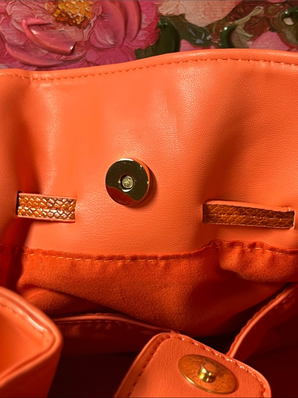 Badgley Mischka Coral-Orange Vegan Leather Shoulder /Crossbody w snake skin trim - Picture 14 of 16